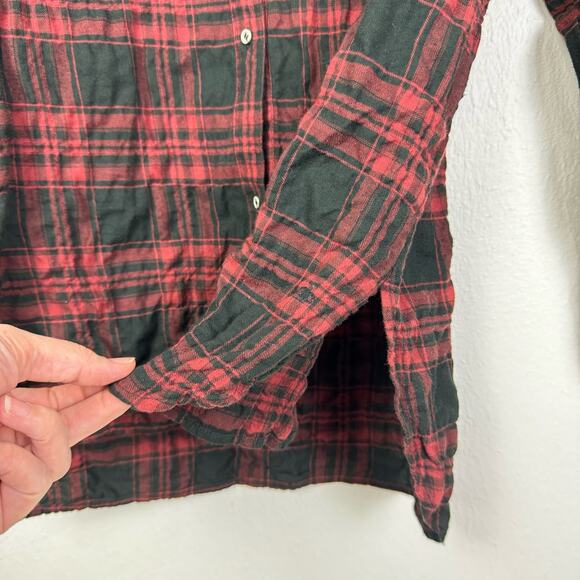 Rag & Bone | Red Black Plaid Gauze Long Sleeve Hi Low Tunic Button Front Shirt - Picture 7 of 10